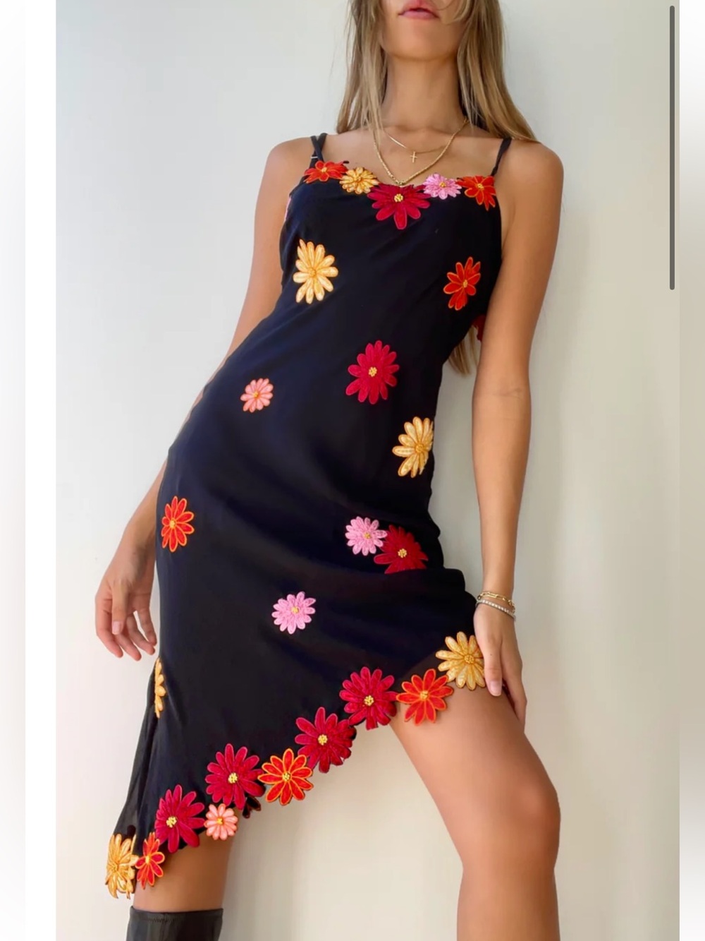 Lillie Rubin Y2k Vintage Daisy Embroider Silk Asymetrical Party Dress Size 6 💕